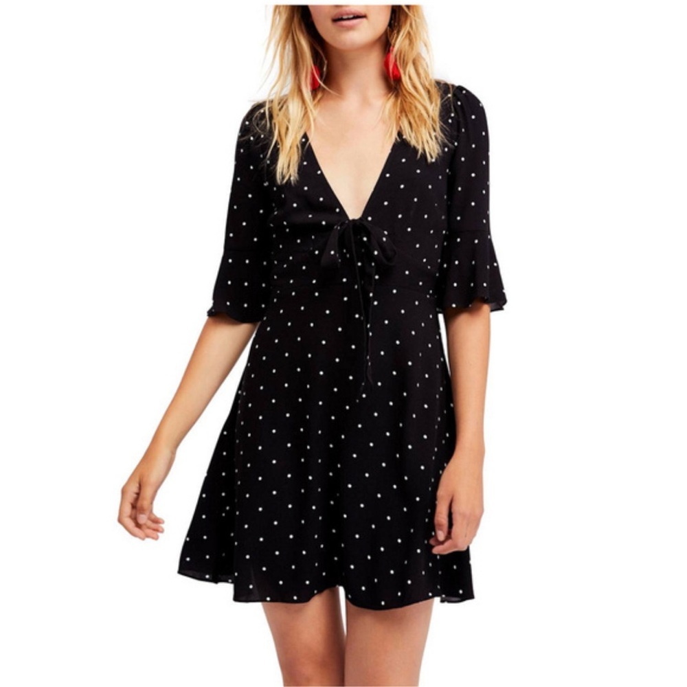 *SOLD*Free People “All Yours” Polka Dot W/ Tie Front Mini Dress Size 12 - Picture 1 of 5